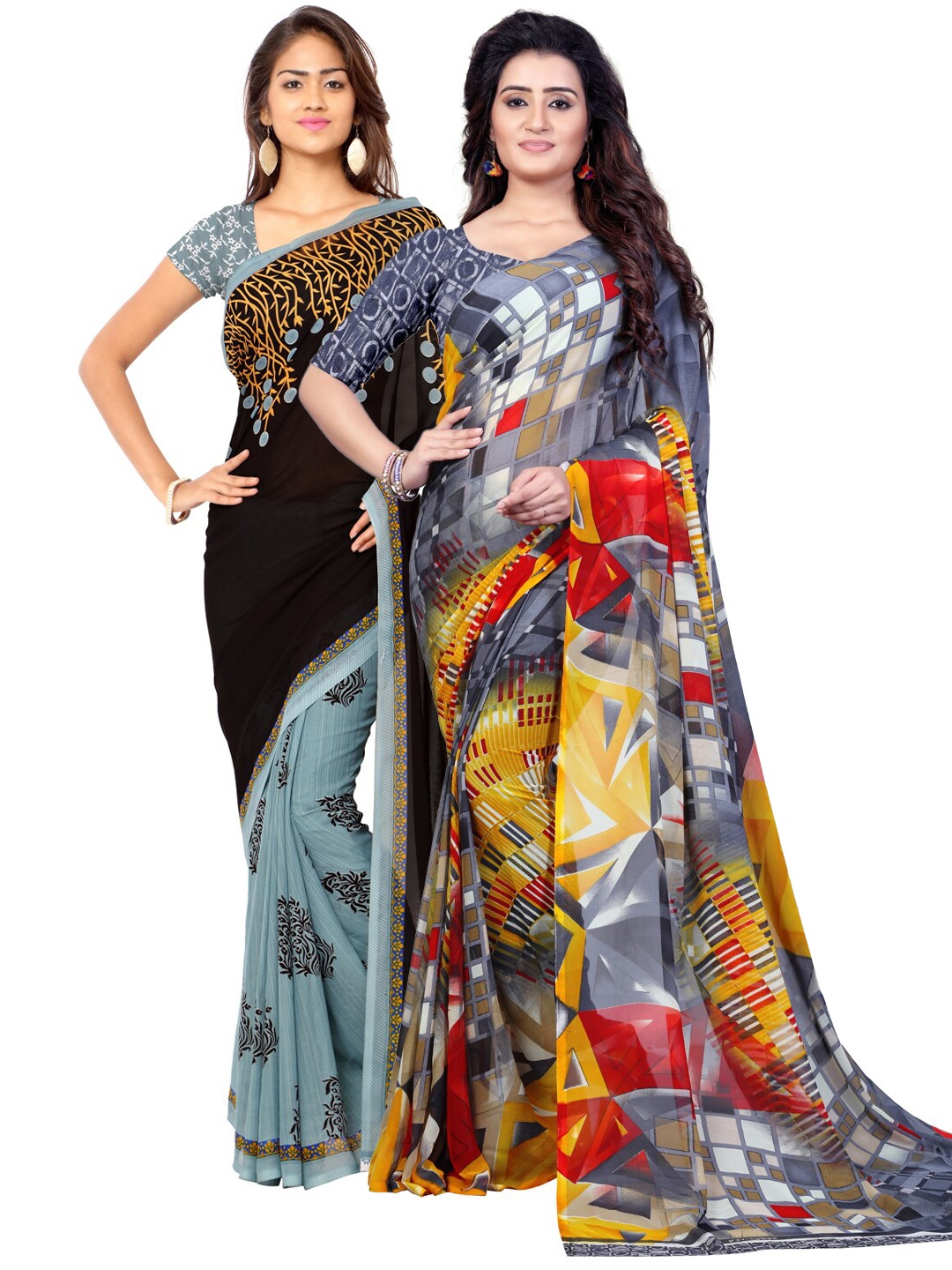 

ANAND SAREES Women Pack of 2 Grey & Yellow Printed Poly Georgette Saree
