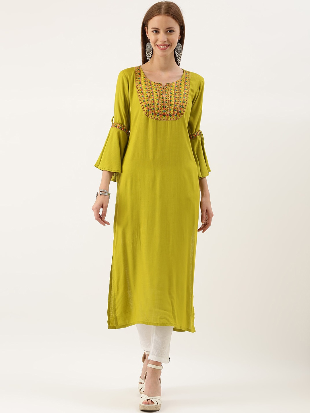 

Varanga Women Lime Green Yoke Design Bell Sleeves Kurta