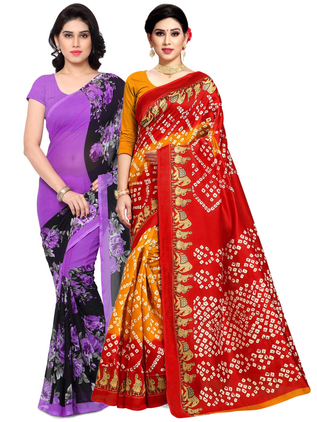 

KALINI Pack Of 2 Red & Violet Poly Georgette Sarees