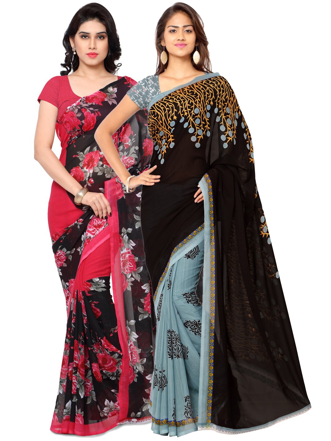 

ANAND SAREES Pack Of 2 Pink & Black Floral Poly Georgette Saree
