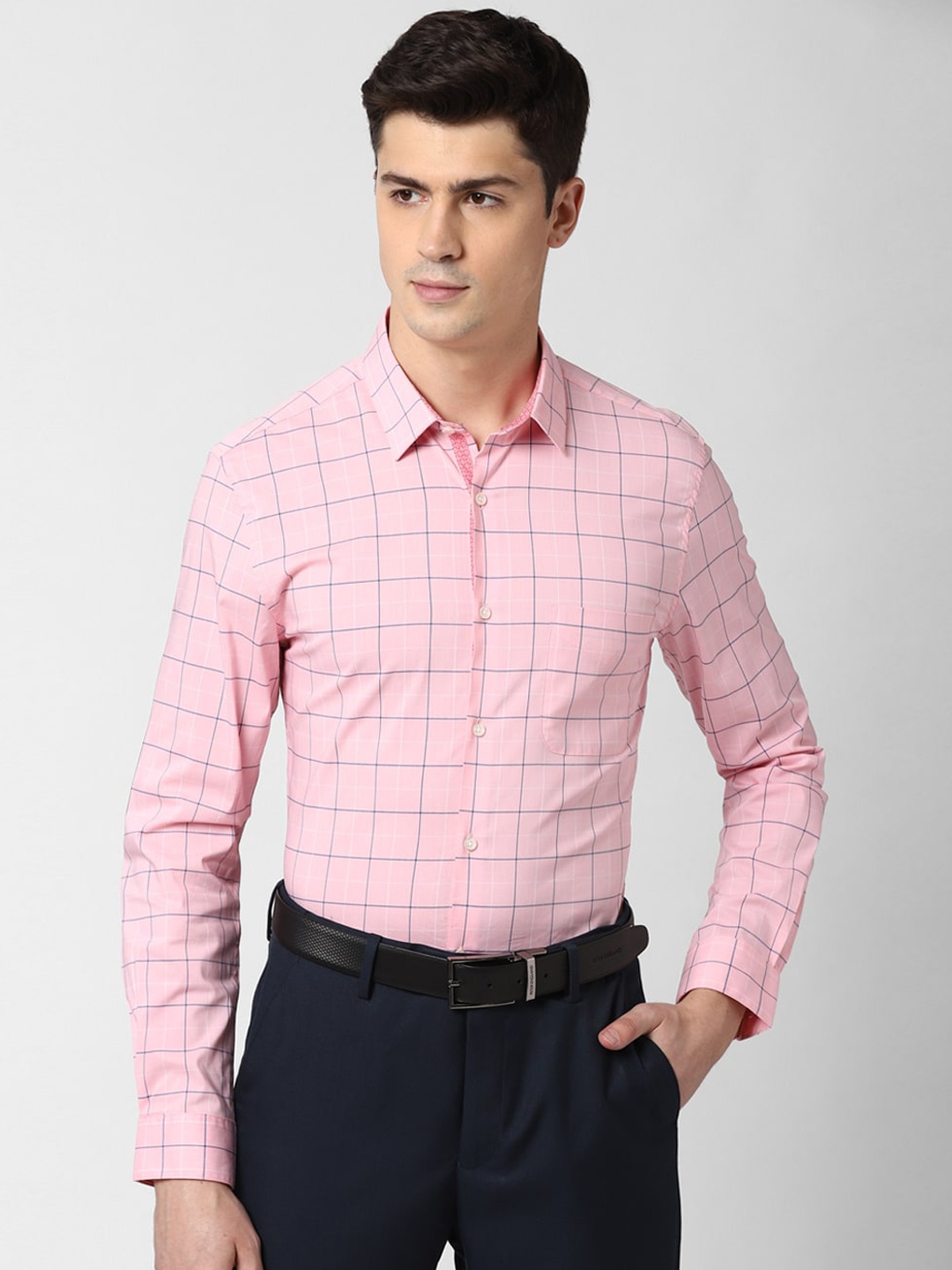 

Peter England Men Pink Slim Fit Windowpane Checks Checked Formal Shirt