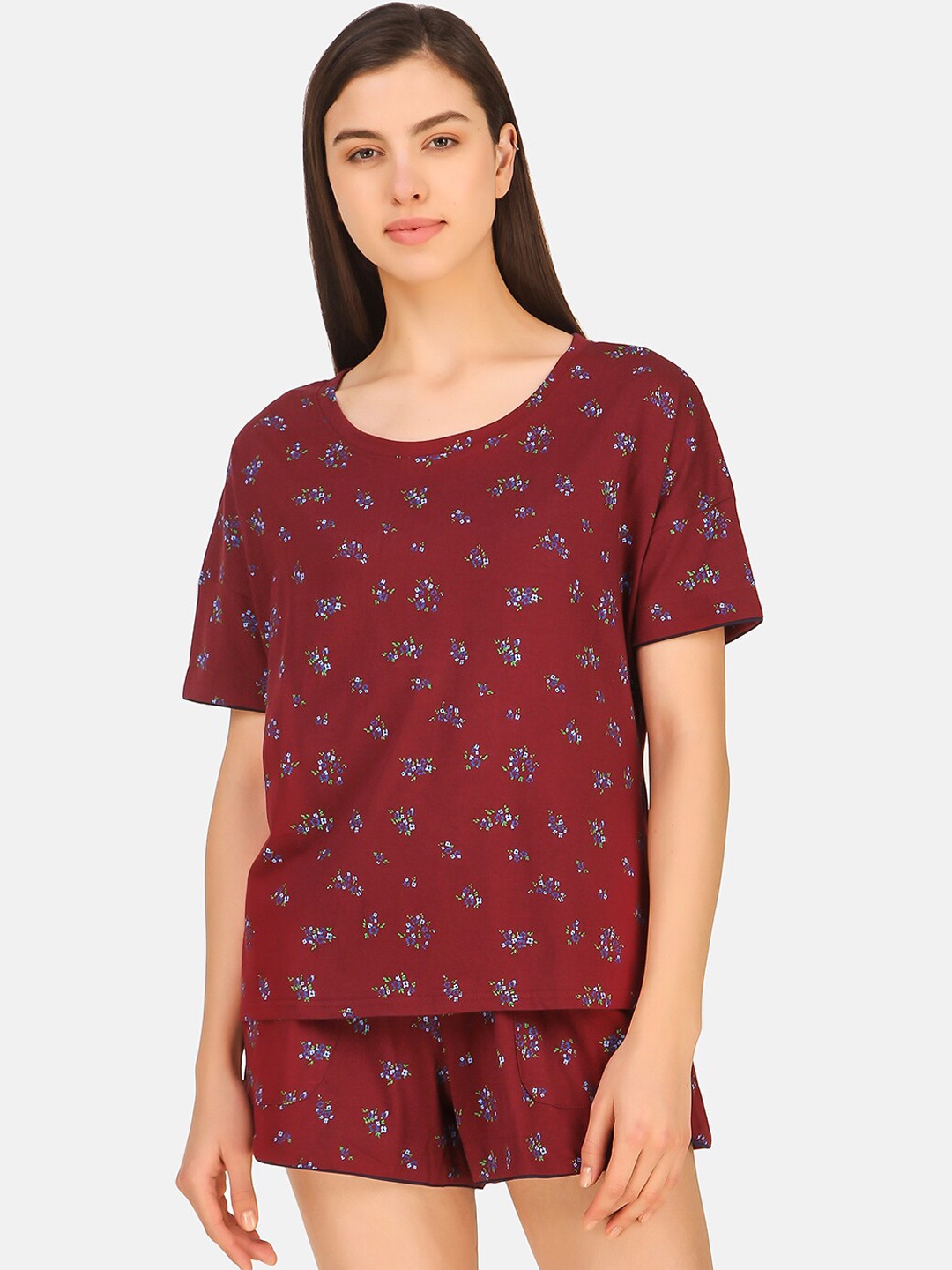 

Masha Women Maroon Printed Cotton Night suit