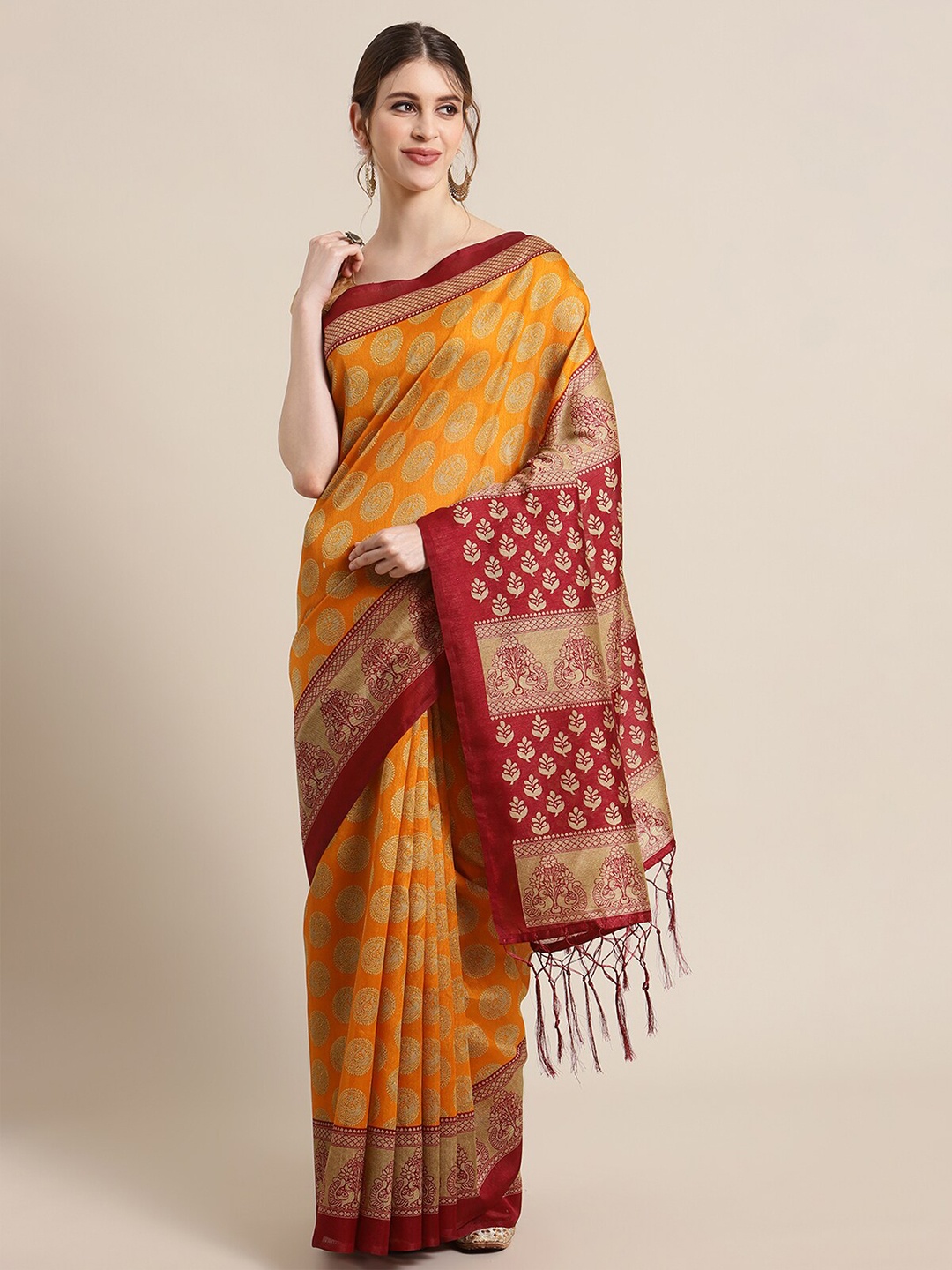 

KSUT Mustard & Maroon Woven Design Art Silk Mysore Silk Saree