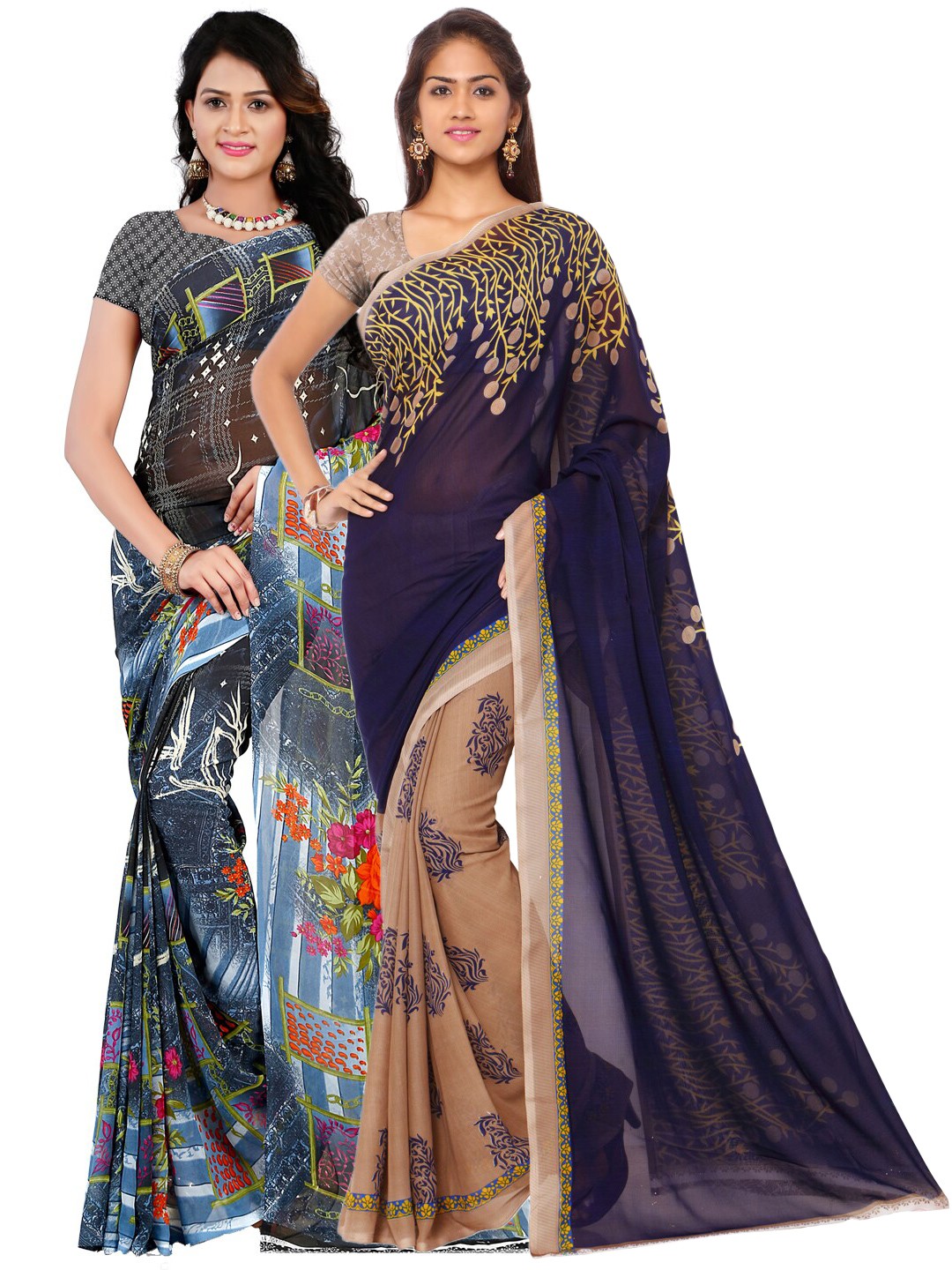 

ANAND SAREES Pack Of 2 Navy Blue & Black Floral Sarees
