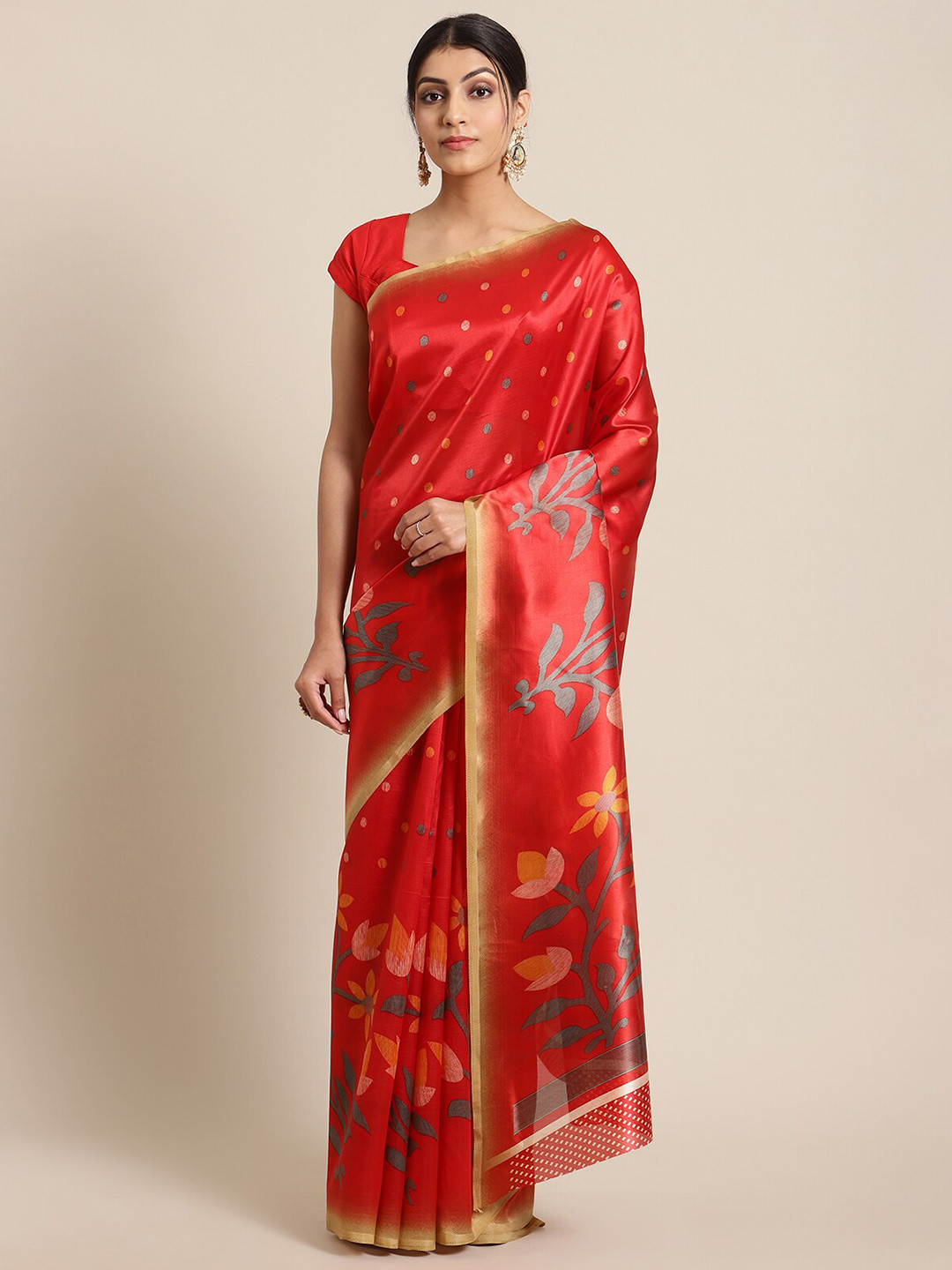 

KSUT Red & Yellow Printed Art Silk Saree