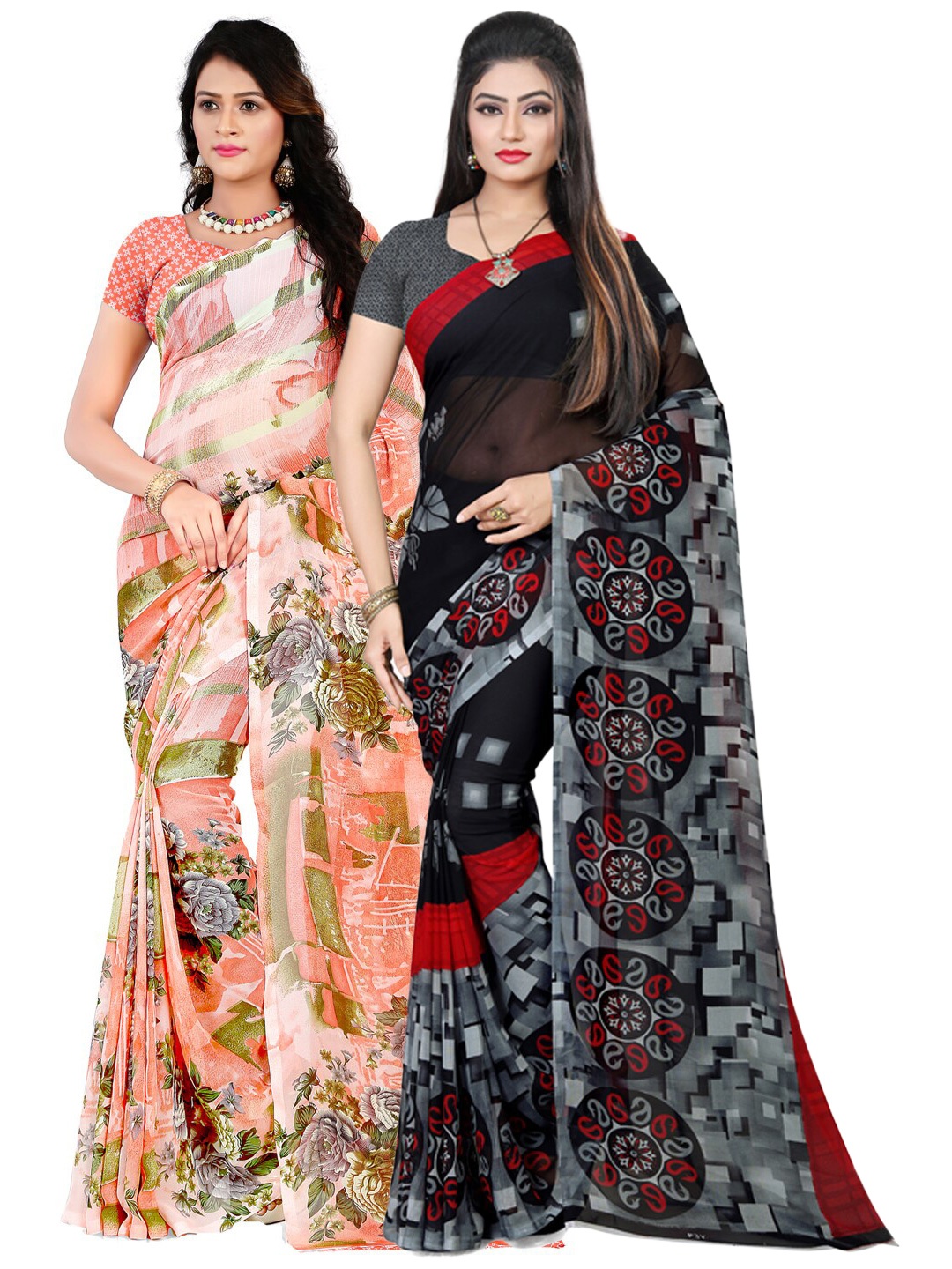 

ANAND SAREES Peach & Black Set of 2 Poly Georgette Saree