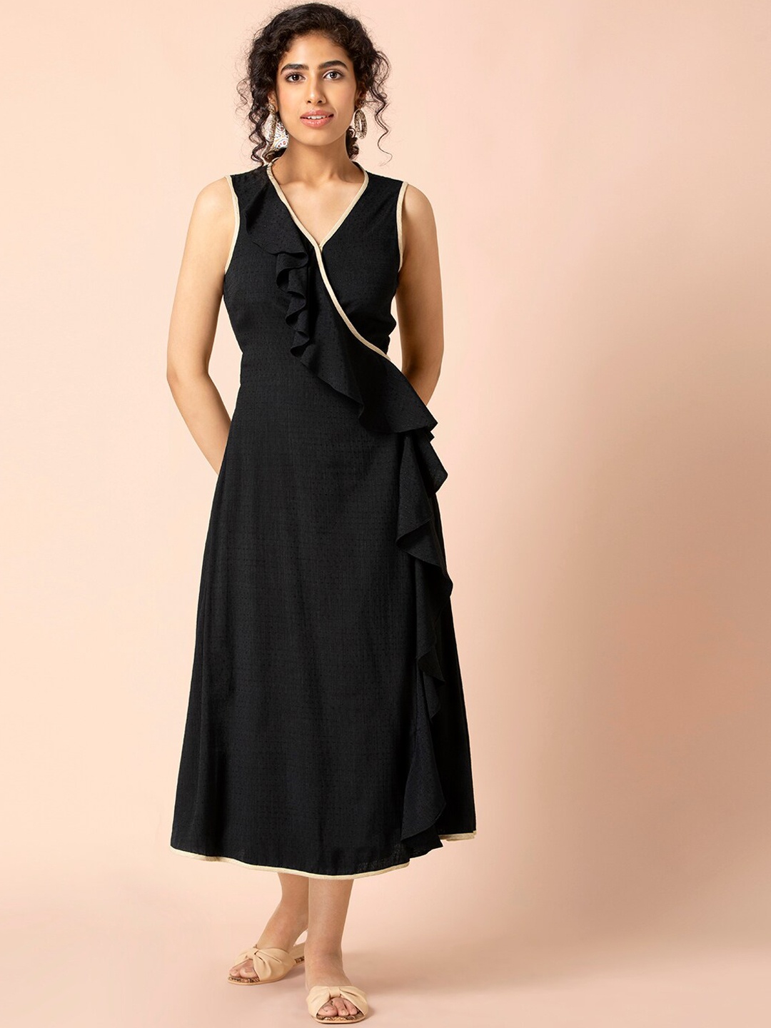 

Earthen BY INDYA Black Frilled Tie Wrap Dress