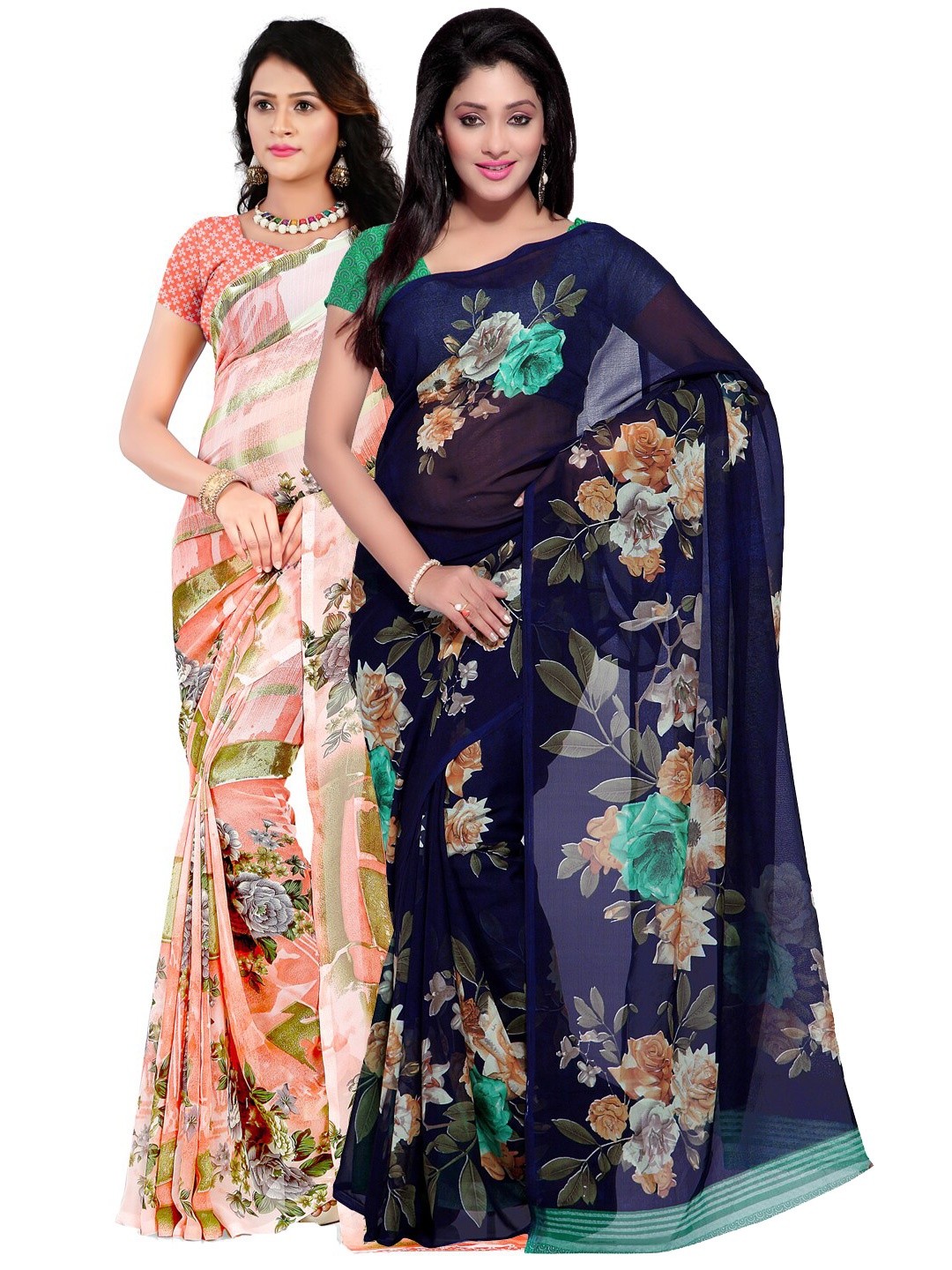 

ANAND SAREES Pack of 2 Navy Blue & Beige Floral Poly Georgette Saree