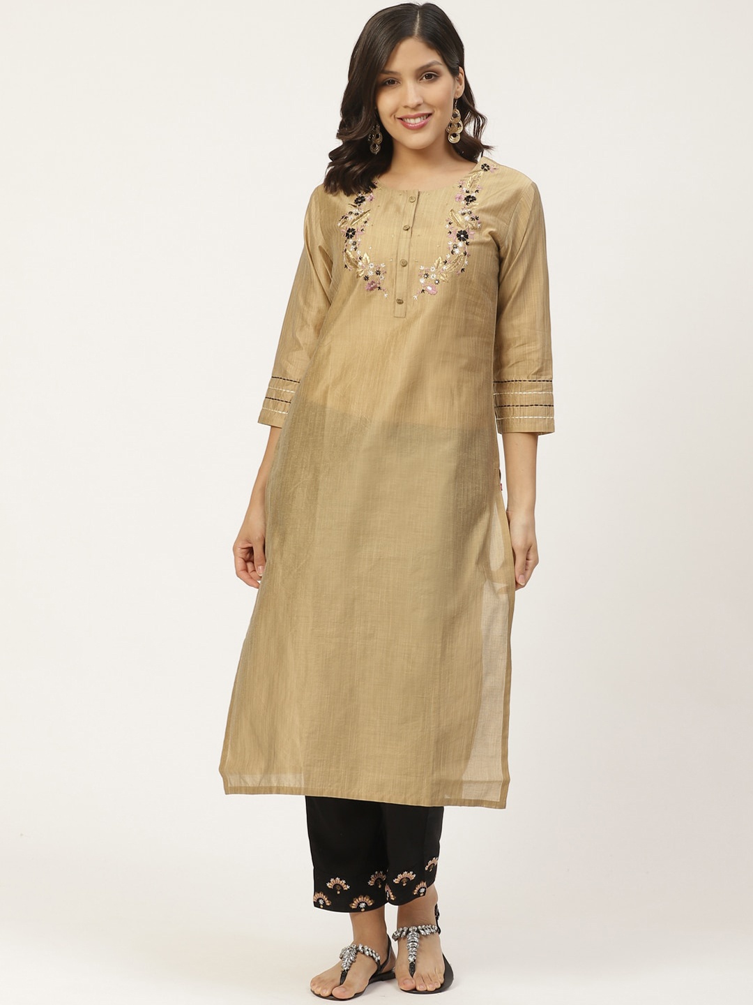 

Varanga Women Beige Floral Embroidered Kurta with Trousers
