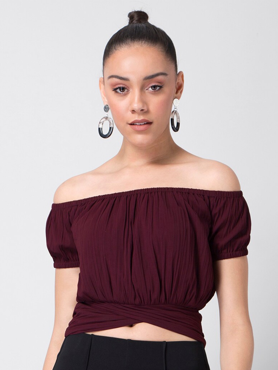 

FabAlley Wine Off-Shoulder Georgette Tie Up Crop Top, Purple