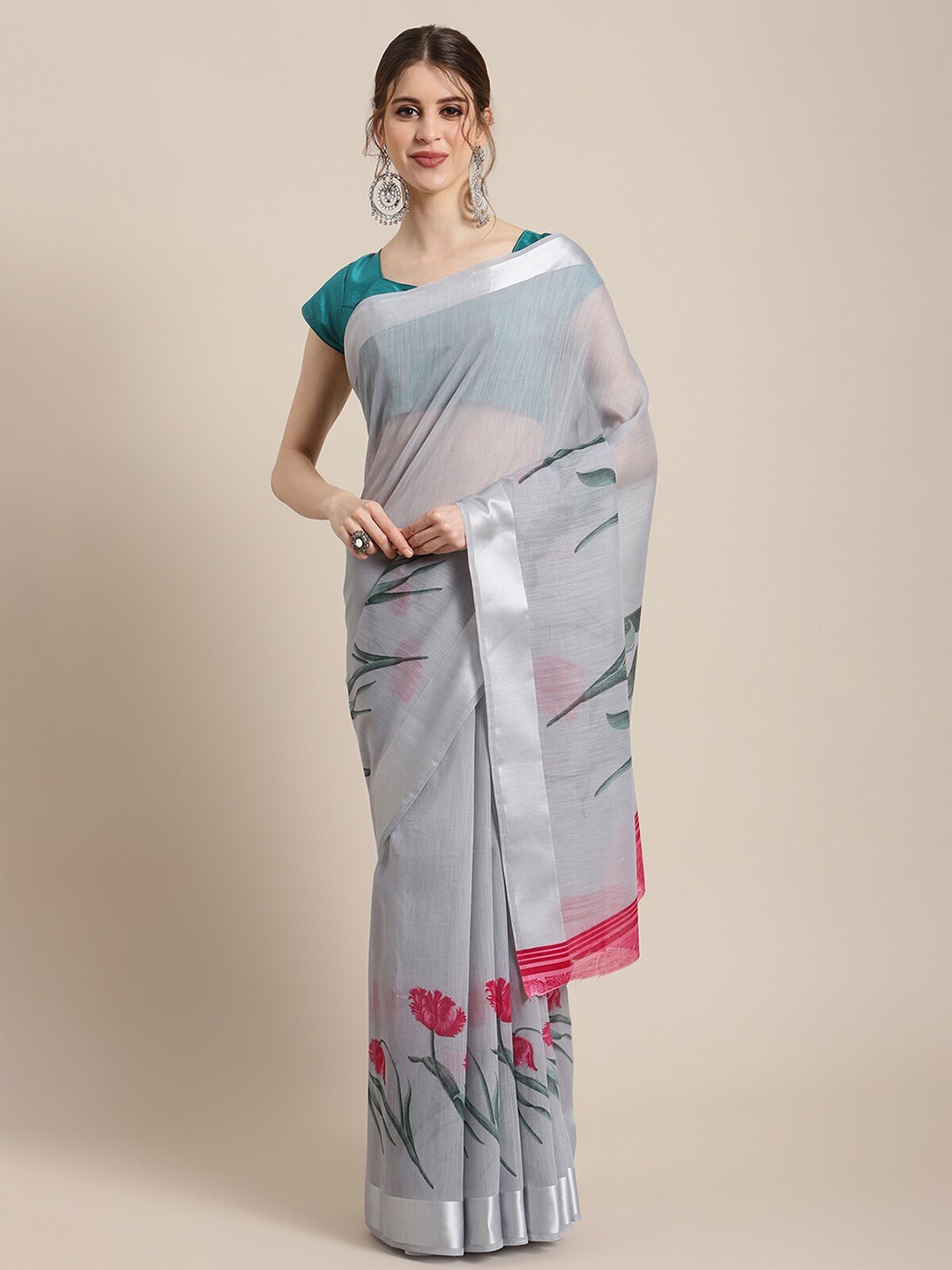 KSUT Grey Floral Linen Blend Saree