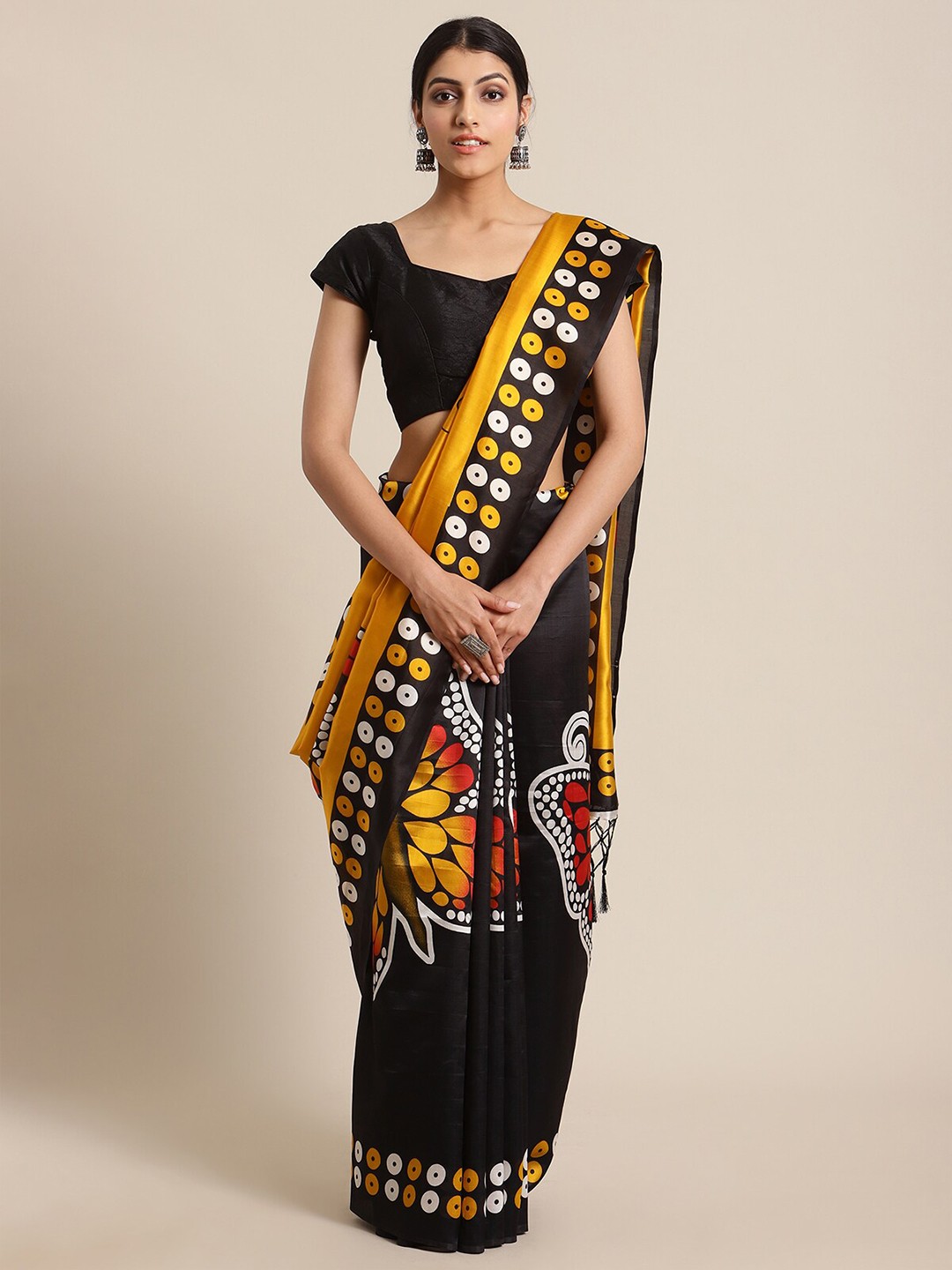 

KSUT Black & Yellow Printed Art Silk Mysore Silk Saree