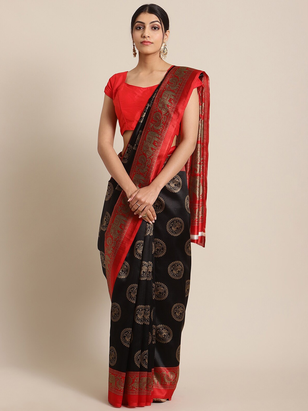 

KSUT Black & Red Ethnic Motifs Art Silk Mysore Silk Saree