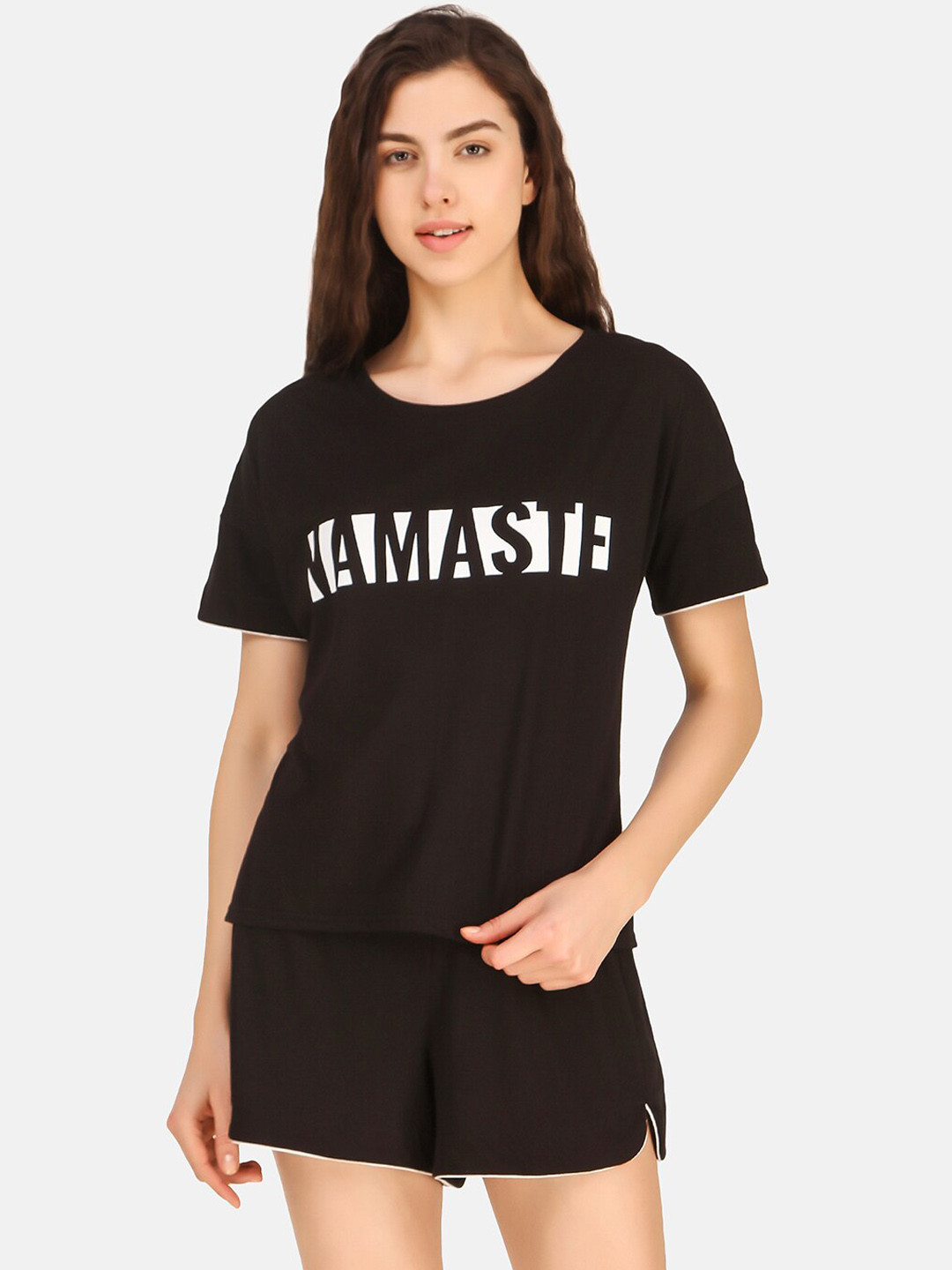 

Masha Women Black Printed Cotton Night suit