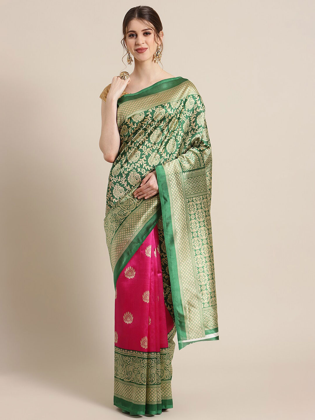 

KSUT Pink & Green Woven Design Art Silk Saree