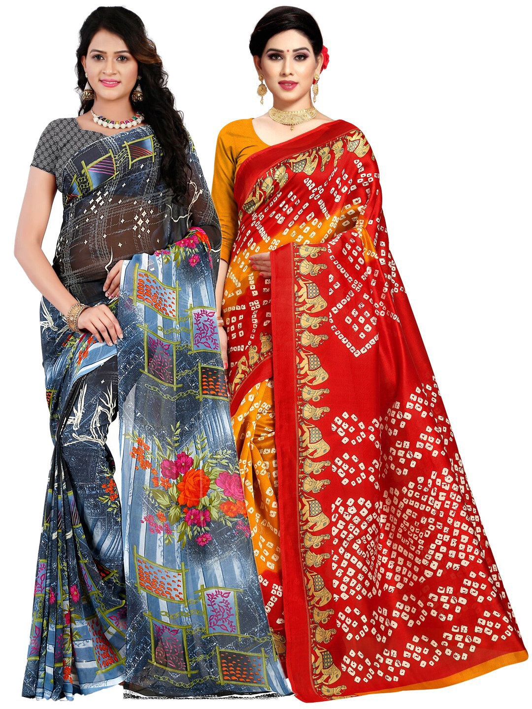 

KALINI Women Multi Pack of 2 Printed Saree, Black