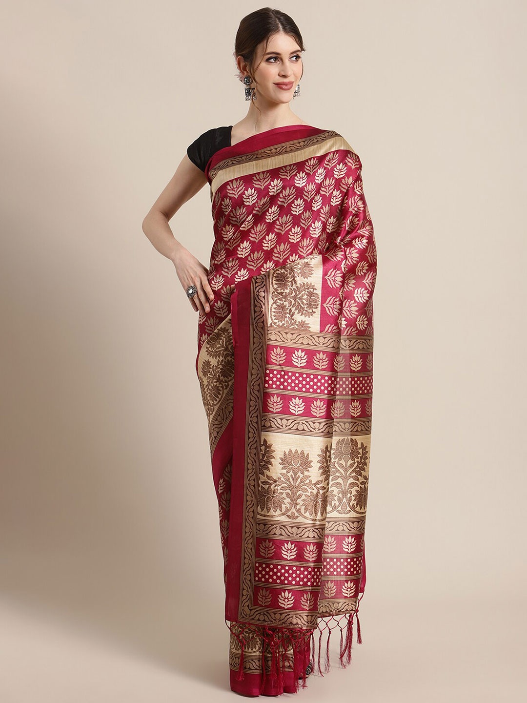 

KSUT Magenta & Beige Ethnic Motifs Silk Blend Saree