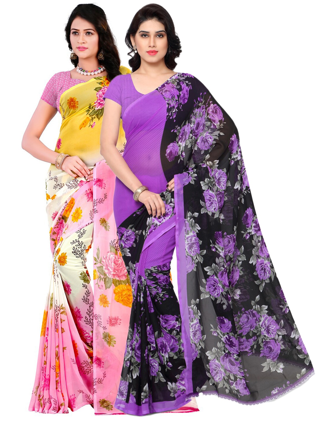 

ANAND SAREES Pack of 2 Floral Poly Georgette Saree, Pink