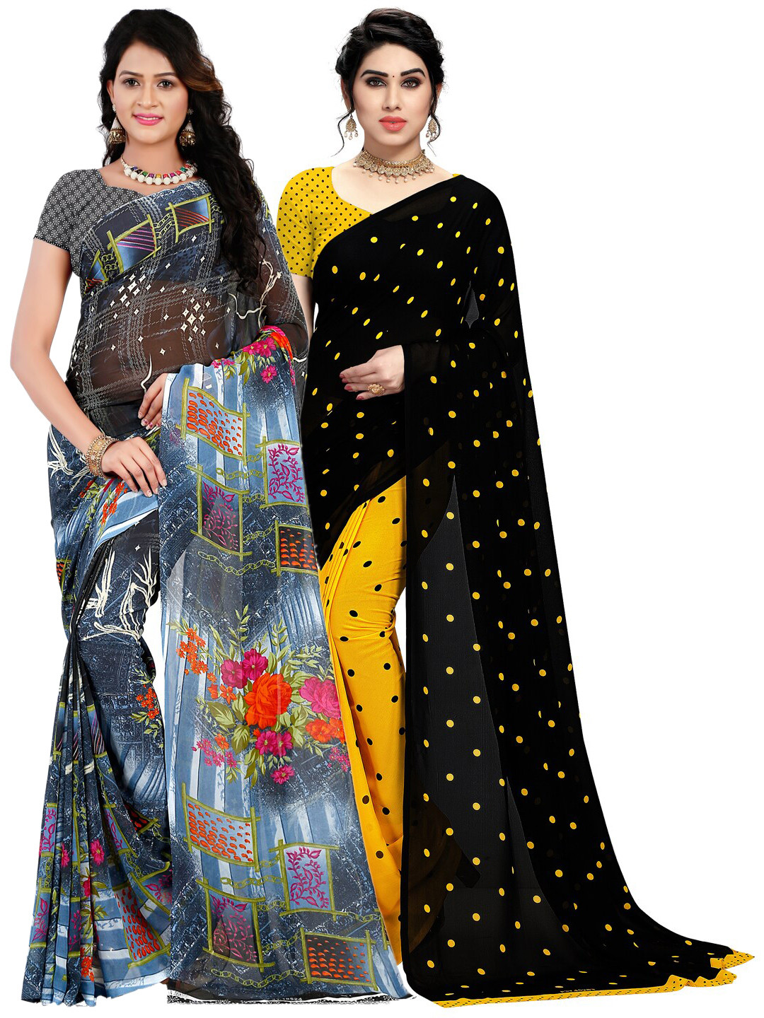 

ANAND SAREES Women Black & Multi Set of 2 Poly Georgette Saree