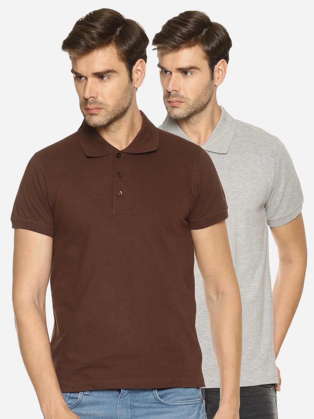 

OBOW Men Pack of 2 Grey & Brown 2 Polo Collar T-shirts