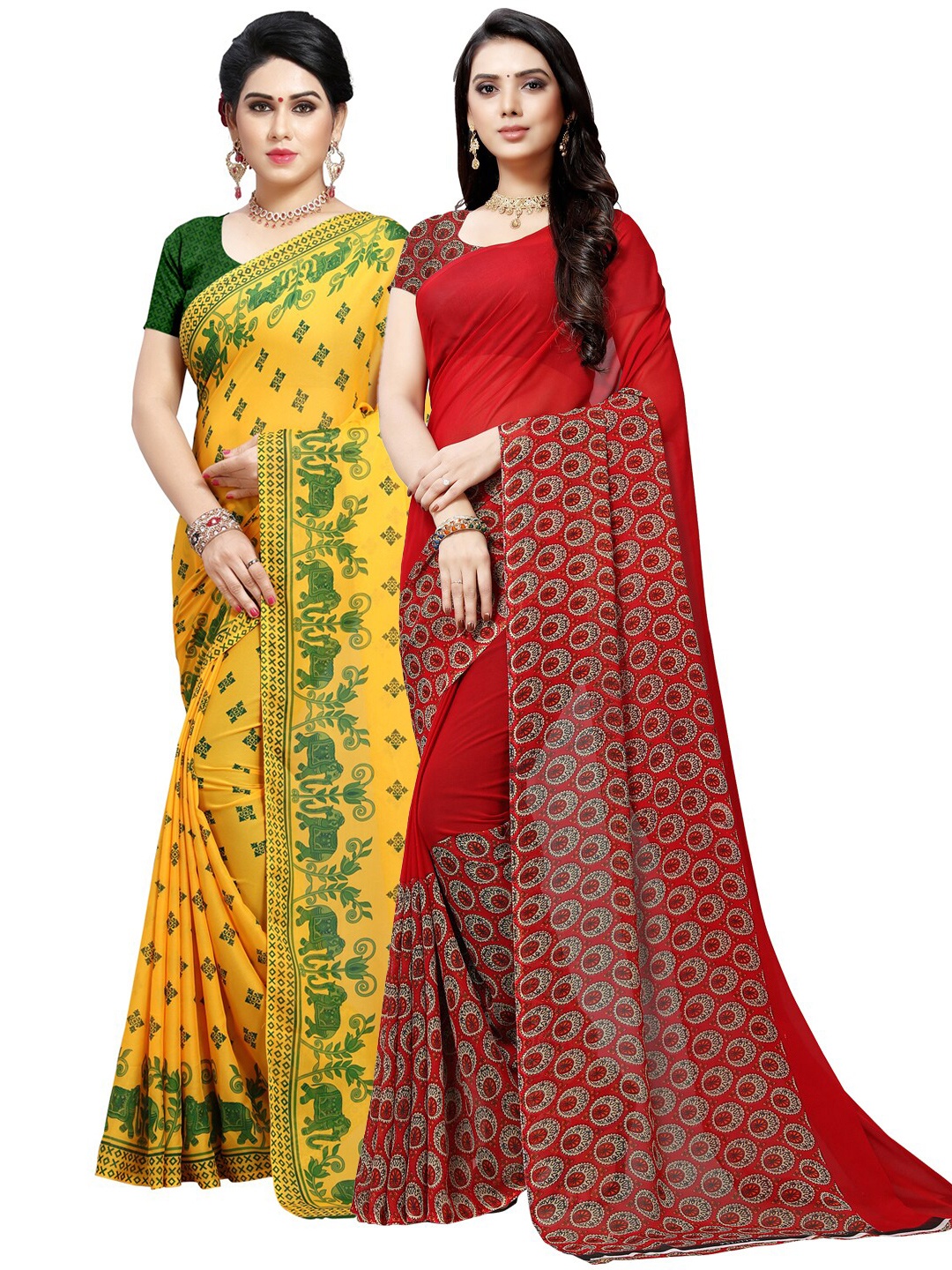 

ANAND SAREES Pack of 2 Ethnic Motifs Poly Georgette Saree, Maroon