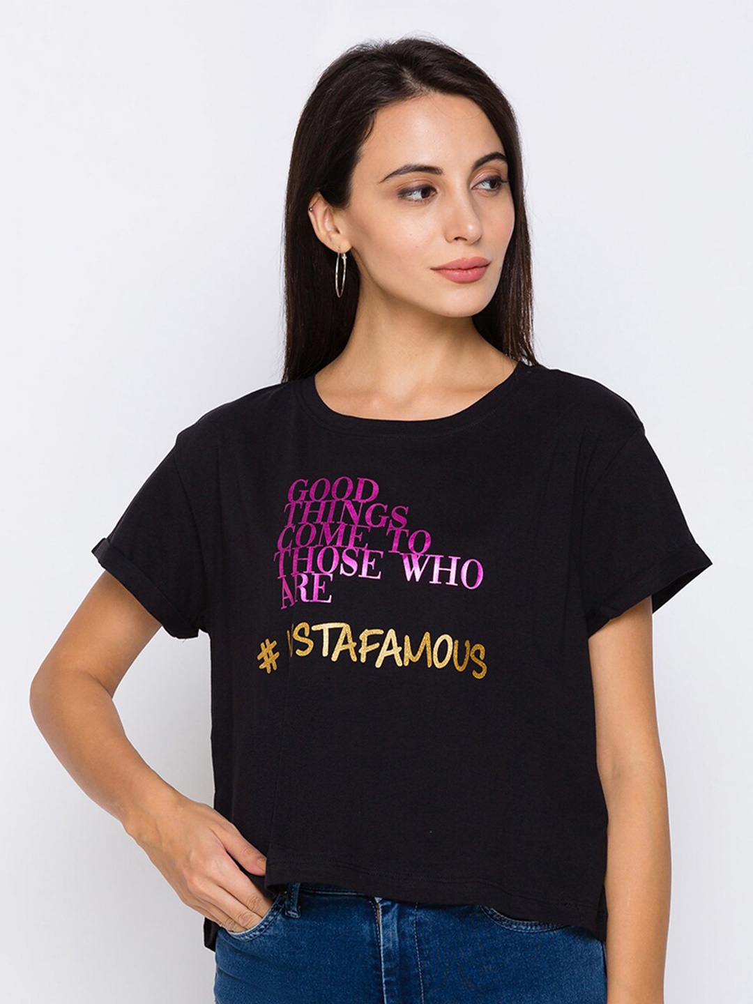 

Globus Women Black Typography Printed T-shirt