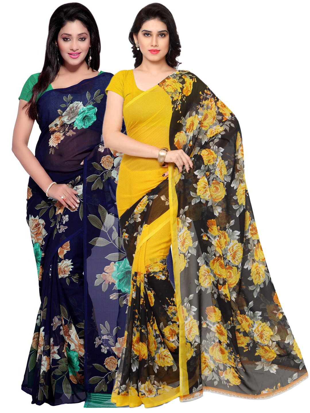 ANAND SAREES Pack Of 2 Navy Blue & Yellow Poly Georgette Sarees