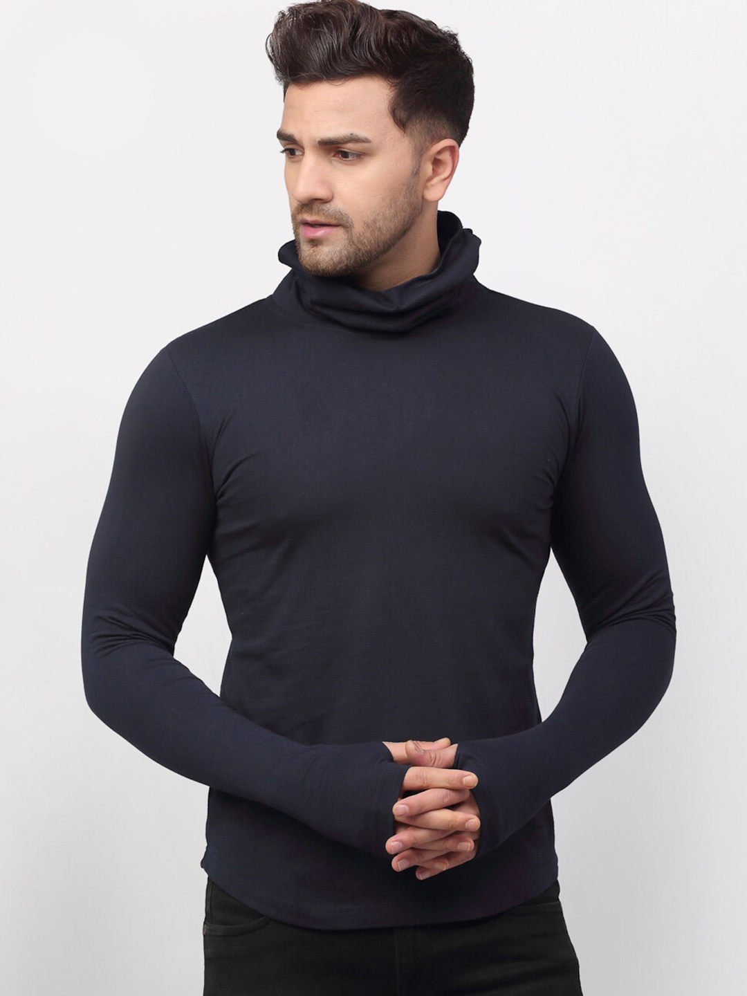 

Rigo Men Navy Blue High Neck Slim Fit Cotton Mask T-shirt