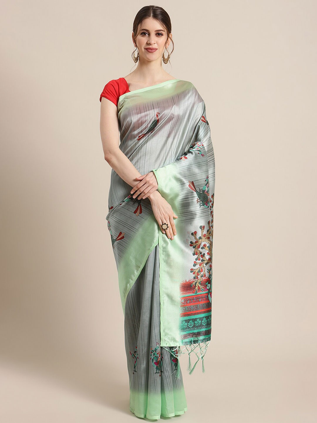 

KSUT Green & Grey Ethnic Motifs Art Silk Saree