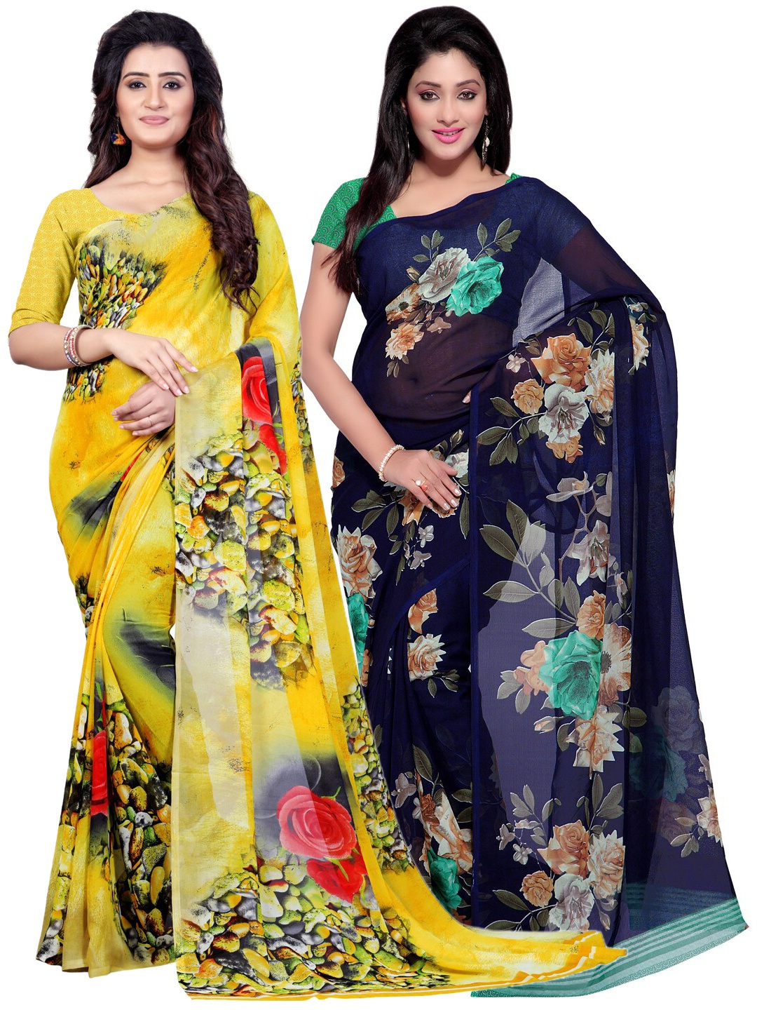 

ANAND SAREES Yellow & Blue Pack of 2 Printed Sarees