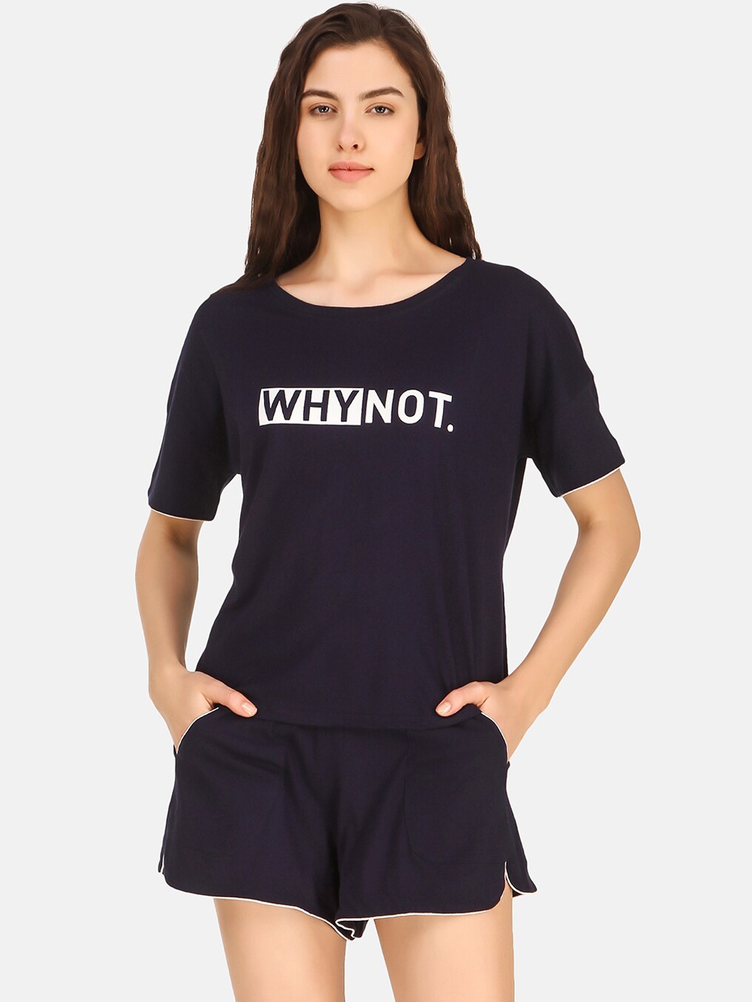 

Masha Women Navy Blue Printed Cotton Night Suit