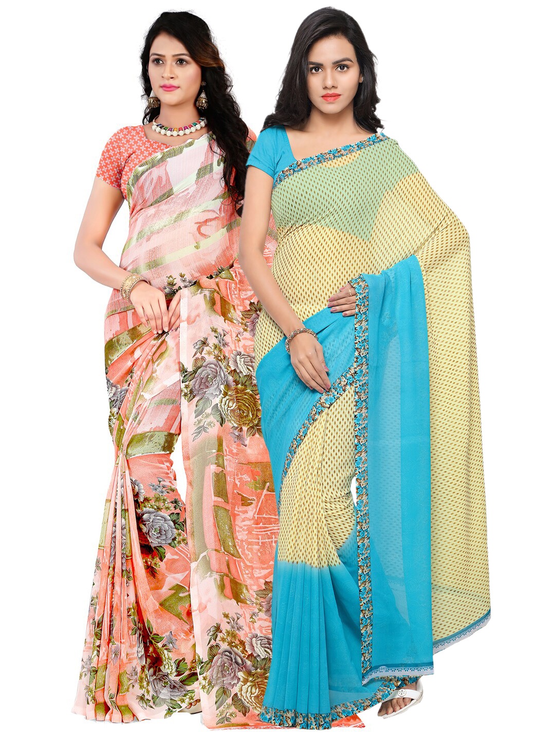 

ANAND SAREES Pack of 2 Peach & Blue Floral Poly Georgette Saree