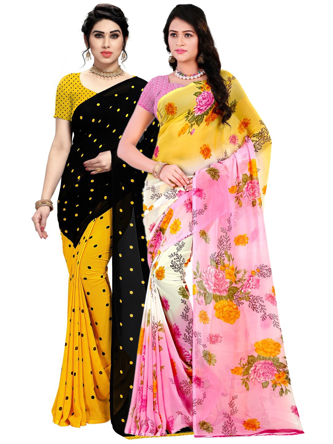 

ANAND SAREES Pack Of 2 Pink & Yellow Floral Sarees