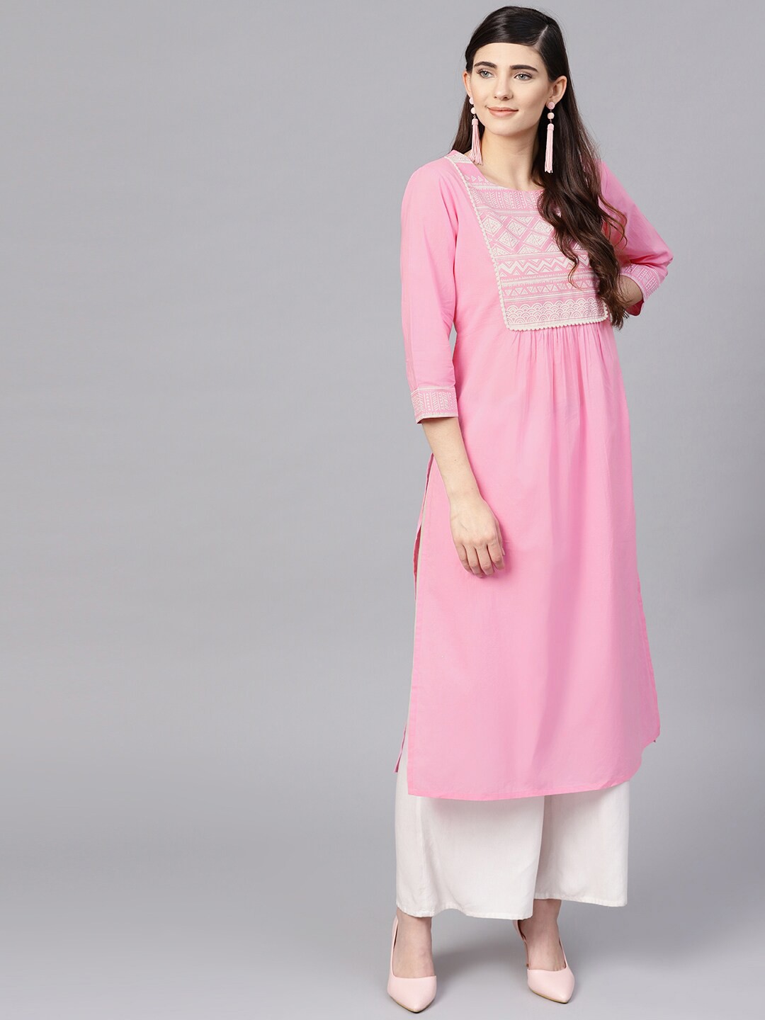 

Varanga Women Pink & White Yoke Design Thread Work Kurta