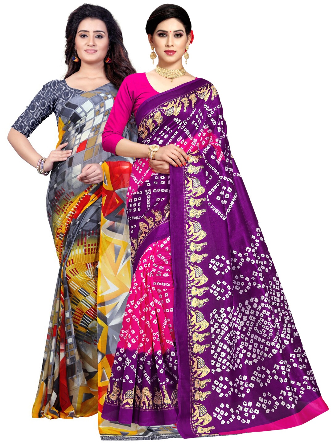 

KALINI Pack Of 2 Grey & Purple Poly Georgette Bandhani Saree