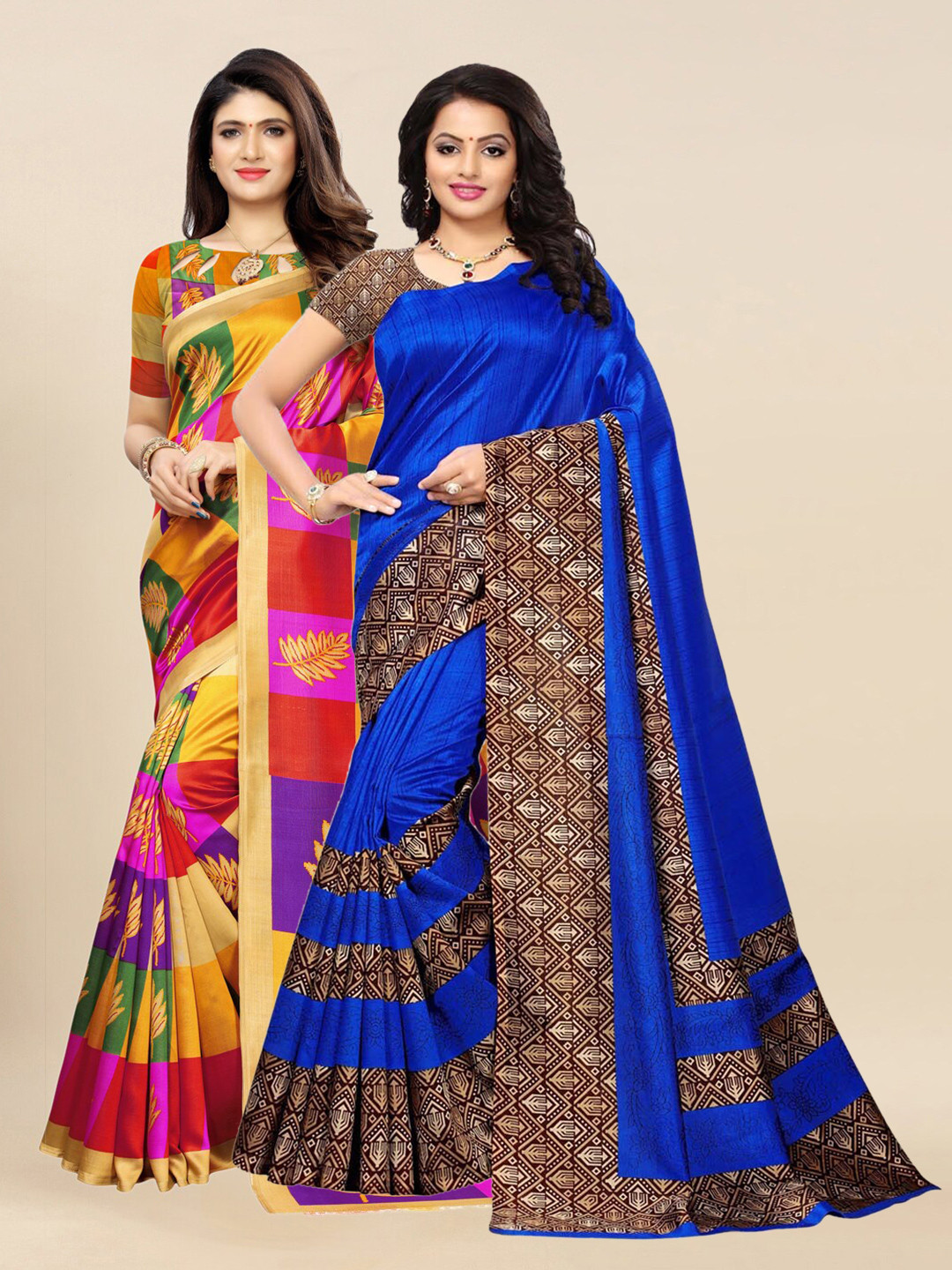 

KALINI Pack Of 2 Yellow & Blue Floral Sarees