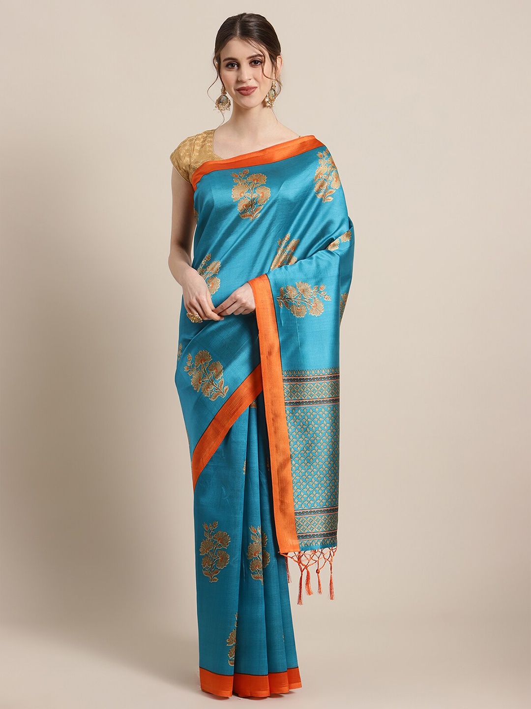 

KSUT Turquoise Blue & Orange Ethnic Motifs Art Silk Mysore Silk Saree