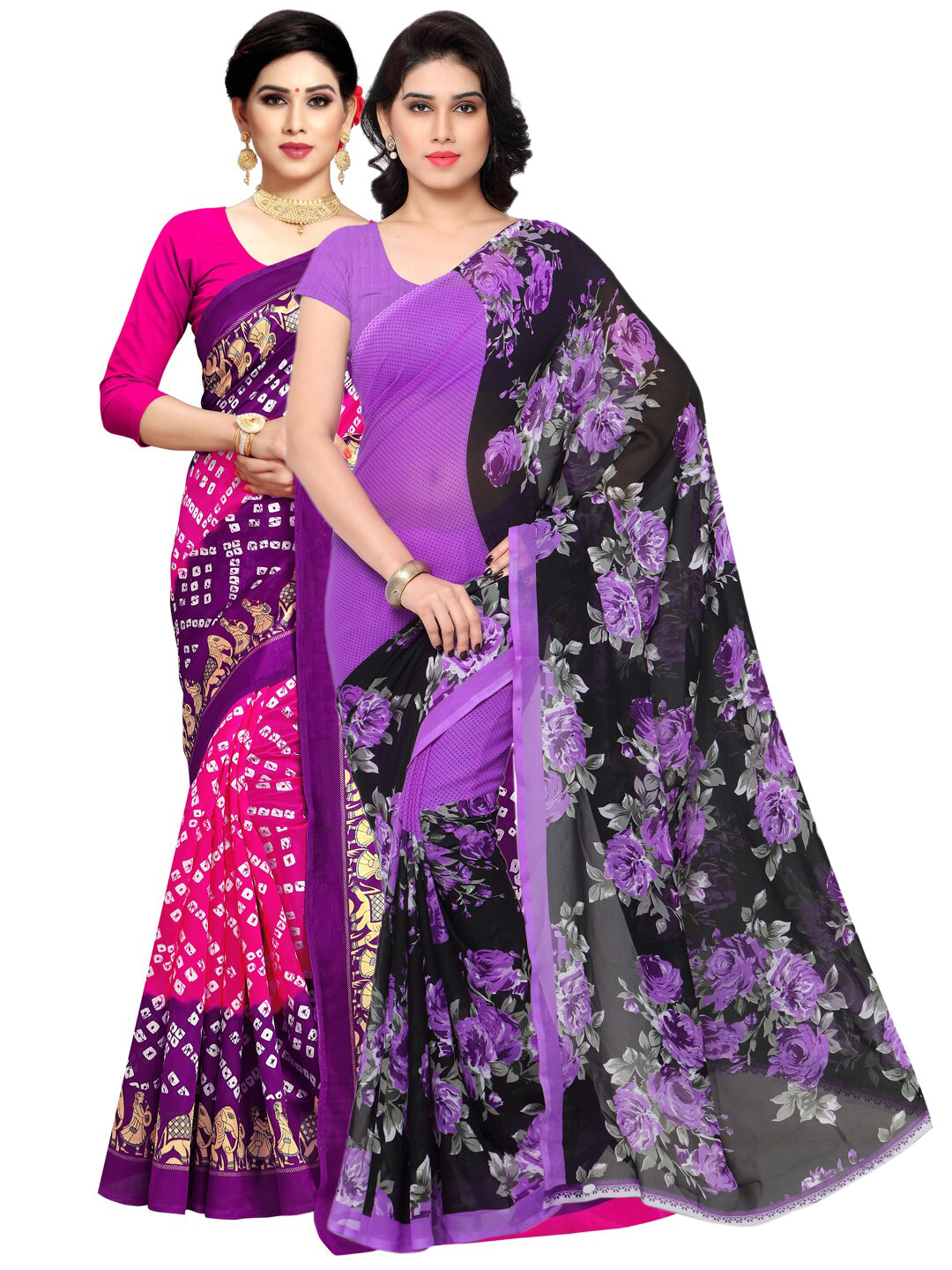 

KALINI Pack Of 2 Purple & Pink Floral Sarees