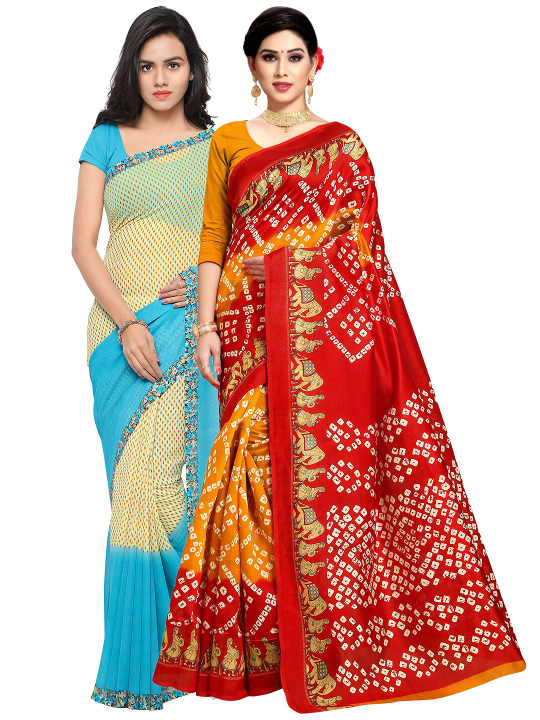

KALINI Pack of 2 Ethnic Motifs Poly Georgette Saree, Red