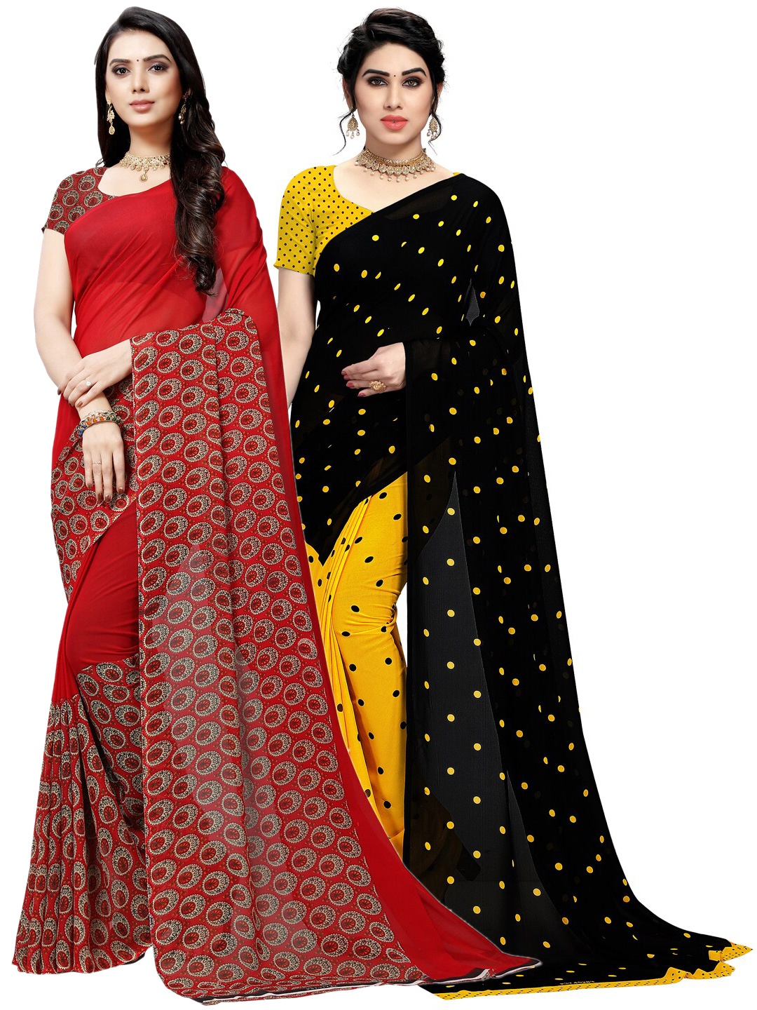 ANAND SAREES Pack Of 2 Red & Brown Floral Sarees