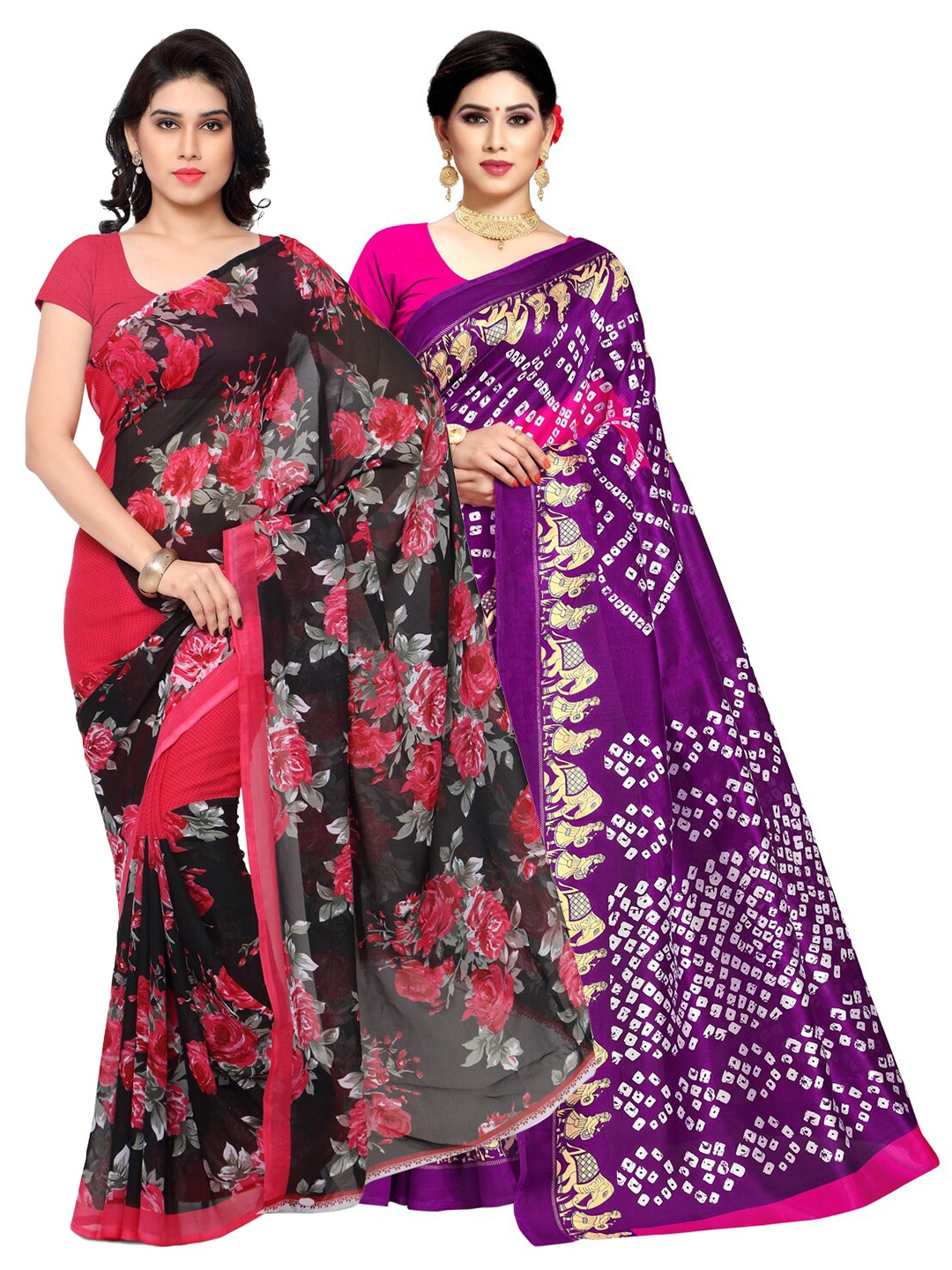 

ANAND SAREES Pack Of 2 Purple & Black Floral Zari Sarees