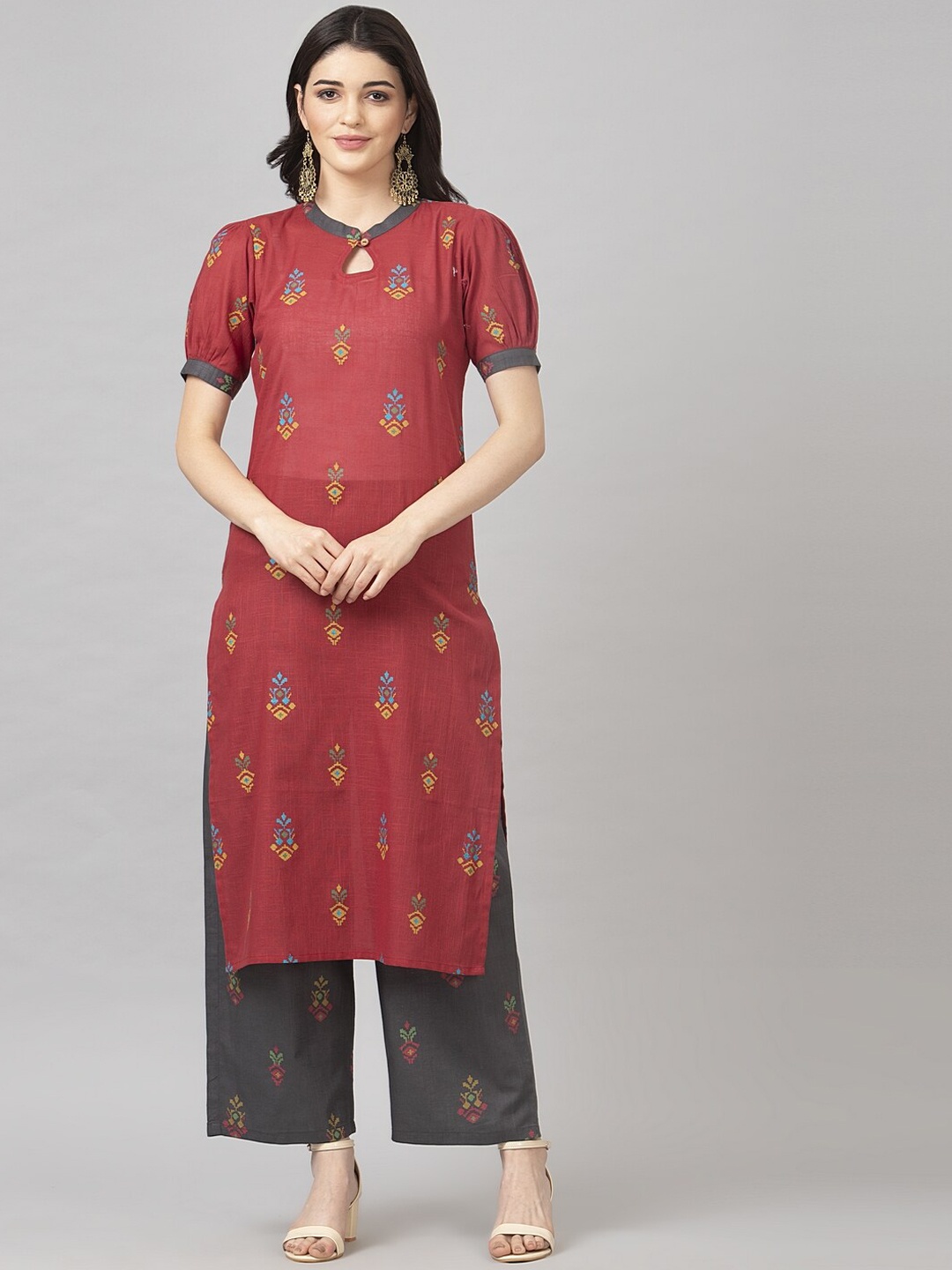 

SANISA Women Maroon Ethnic Motifs Printed Pure Cotton Kurta with Palazzos