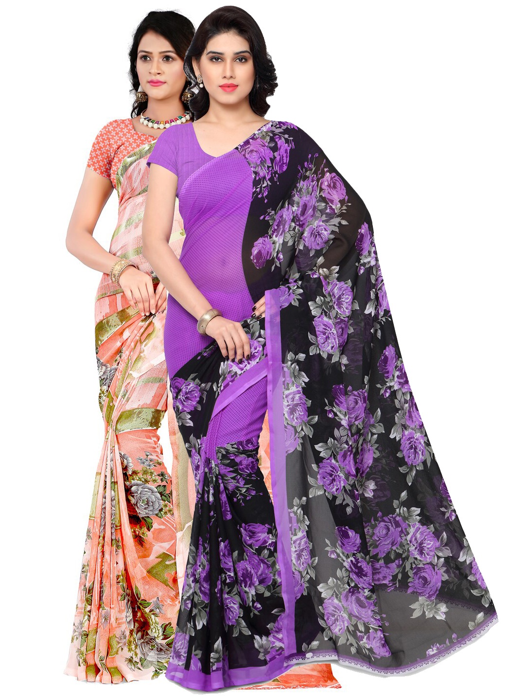 

ANAND SAREES Pack Of 2 Peach & Purple Floral Sarees