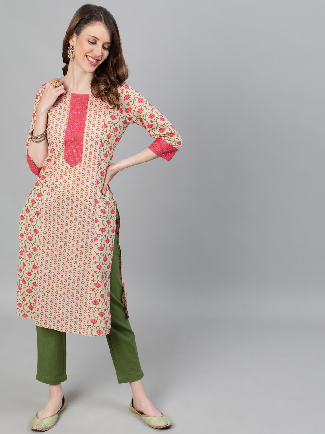 

Jaipur Kurti Women Beige Ethnic Motifs Printed Thread Work Cotton Kurta