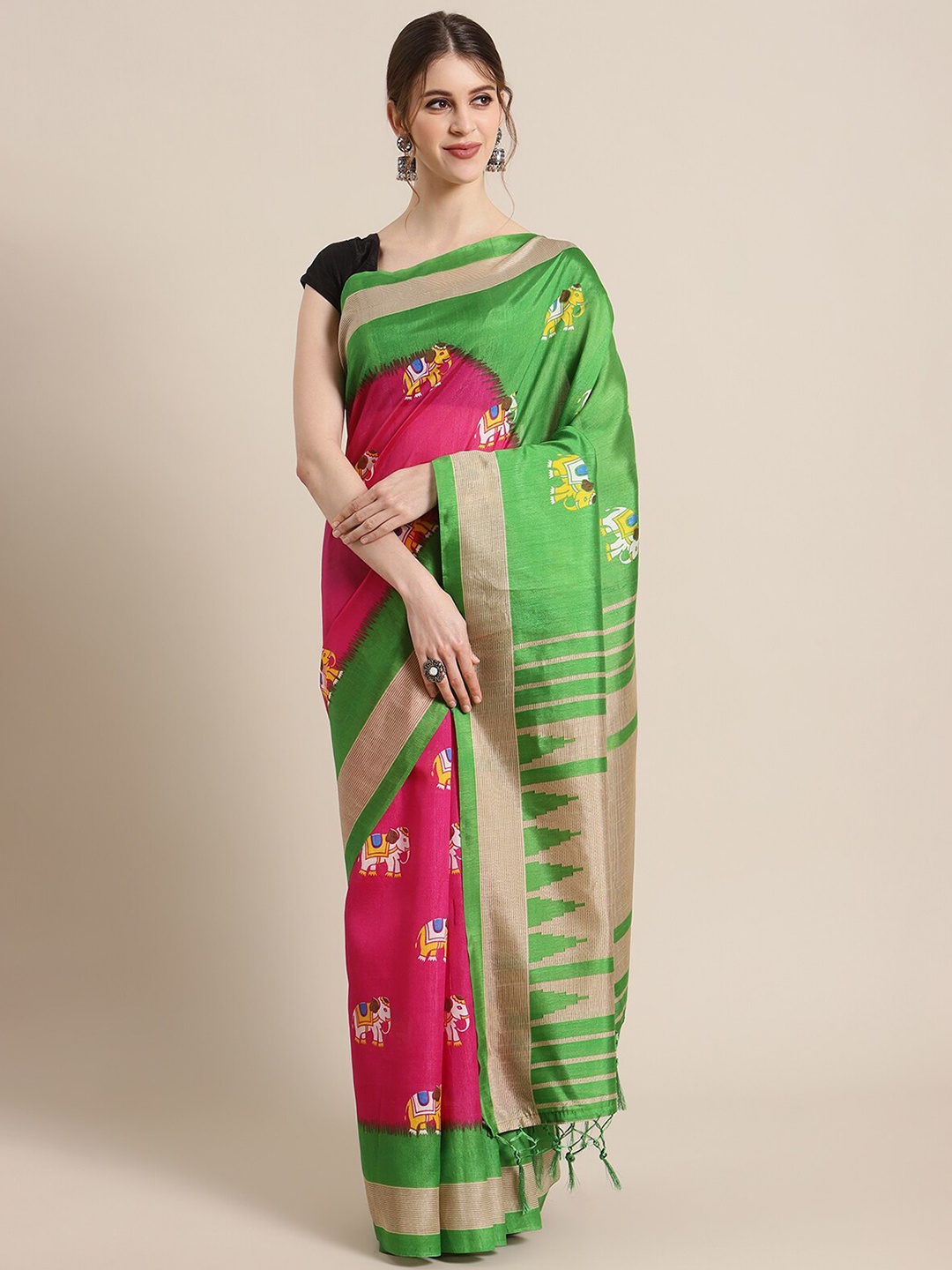 

KSUT Green & Pink Ethnic Motifs Silk Blend Saree