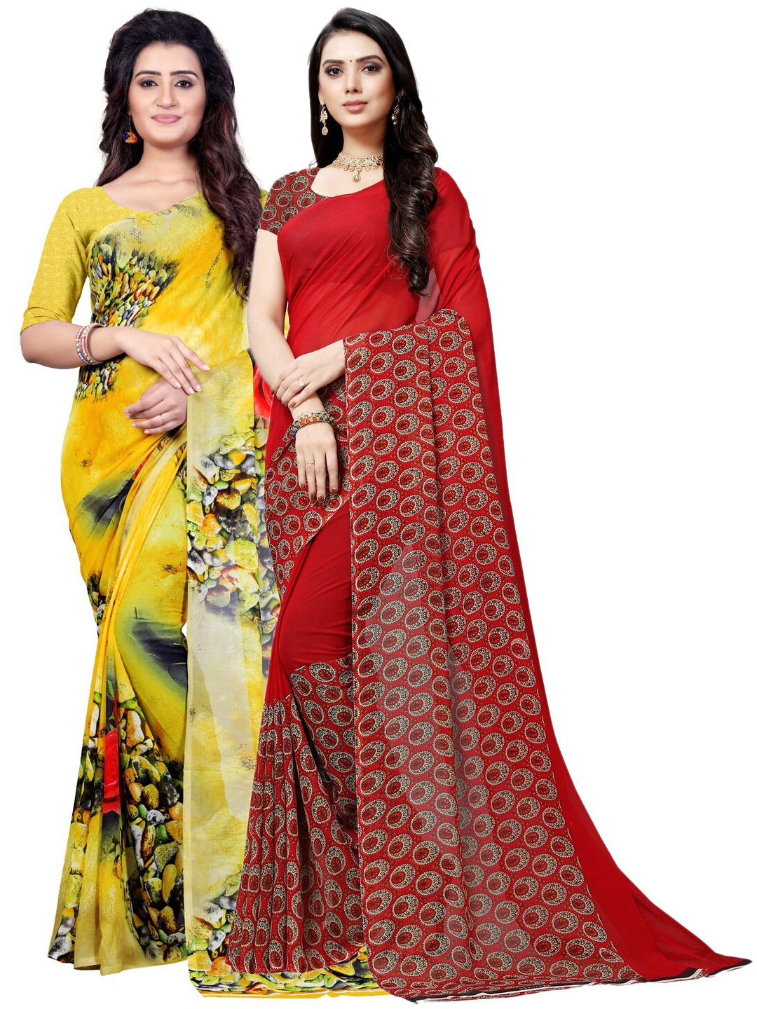 ANAND SAREES Pack Of 2 Yellow & Red Floral Poly Georgette Saree