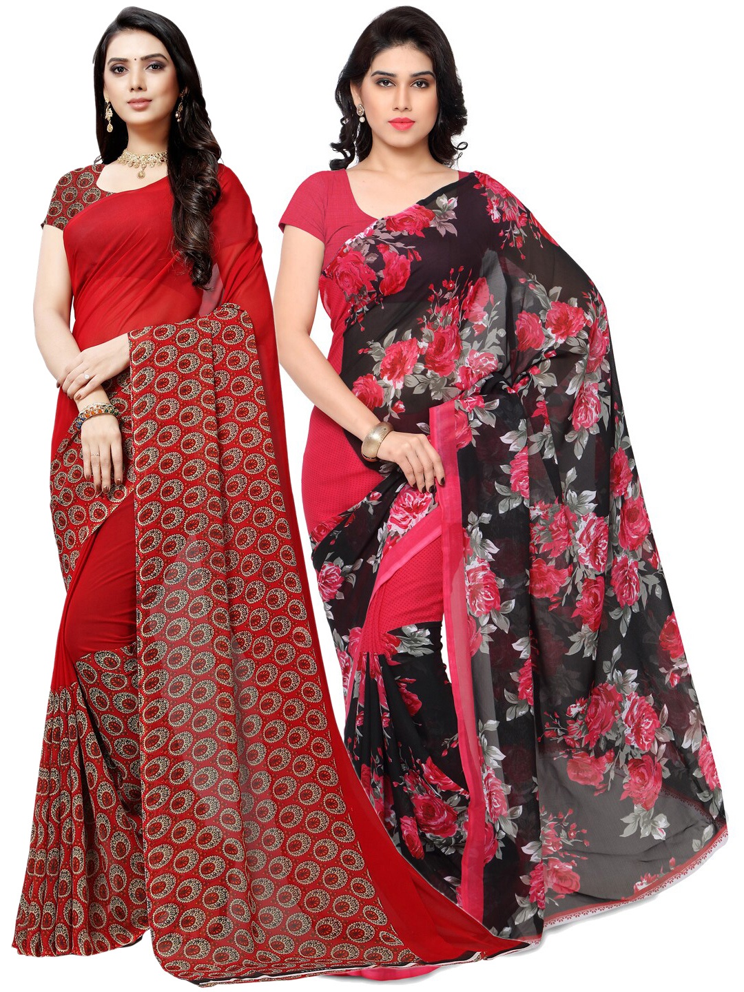 ANAND SAREES Pack Of 2 Red & Black Poly Georgette Sarees