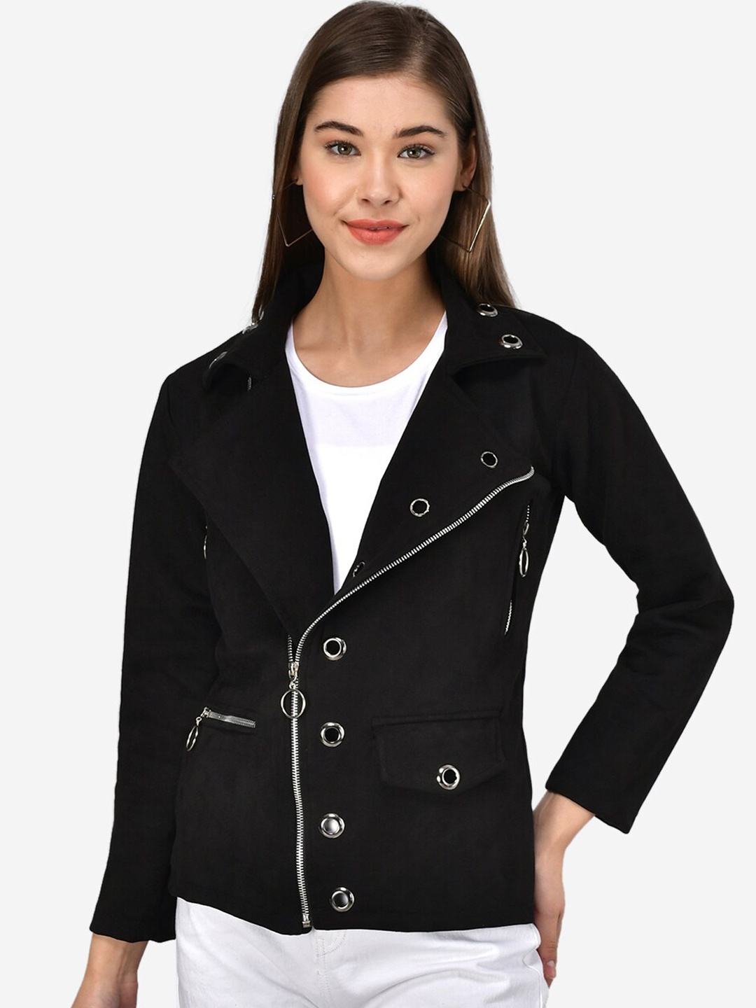 

Darzi Women Black Solid Asymmetric Closure Biker Jacket