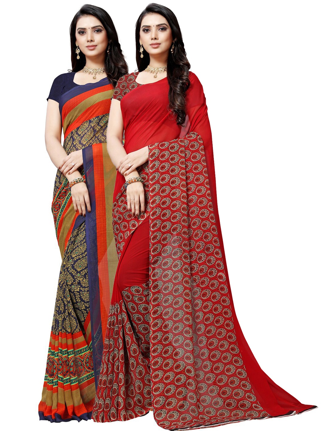 ANAND SAREES Red & Blue Set of 2 Poly Georgette Saree