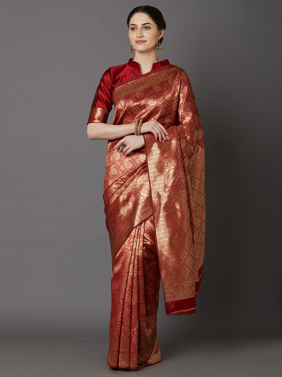 

Mitera Maroon Paisley Zari Silk Blend Banarasi Saree